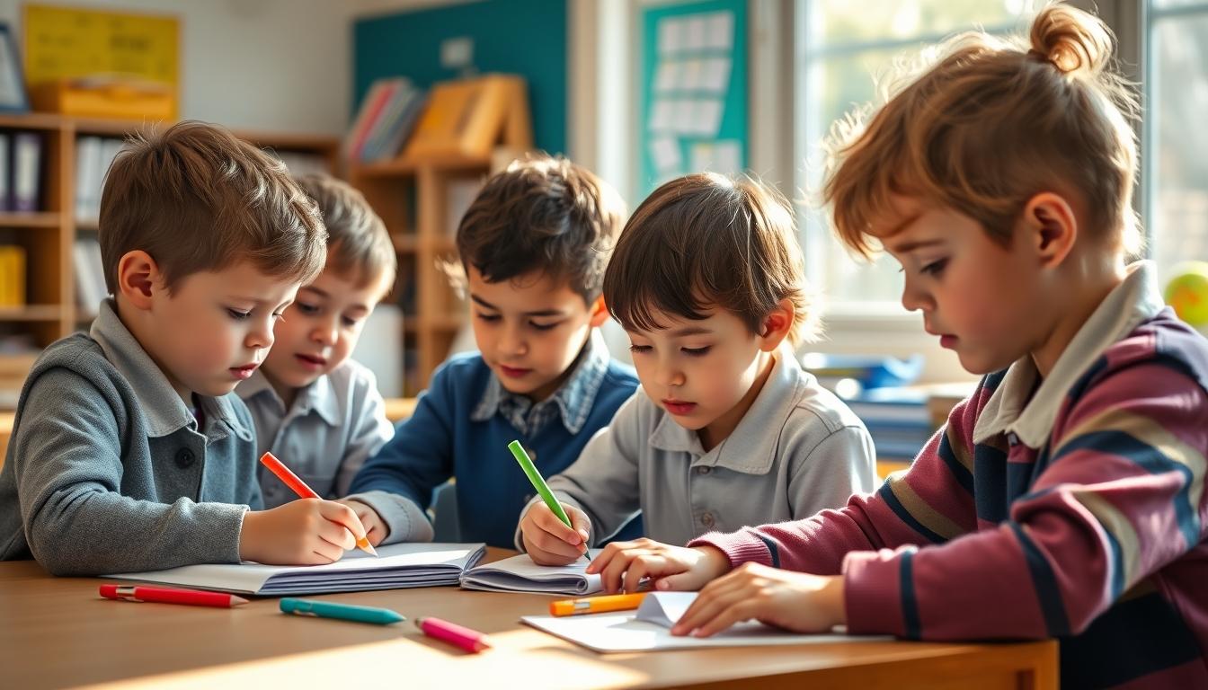 Students studying together in modern classroom